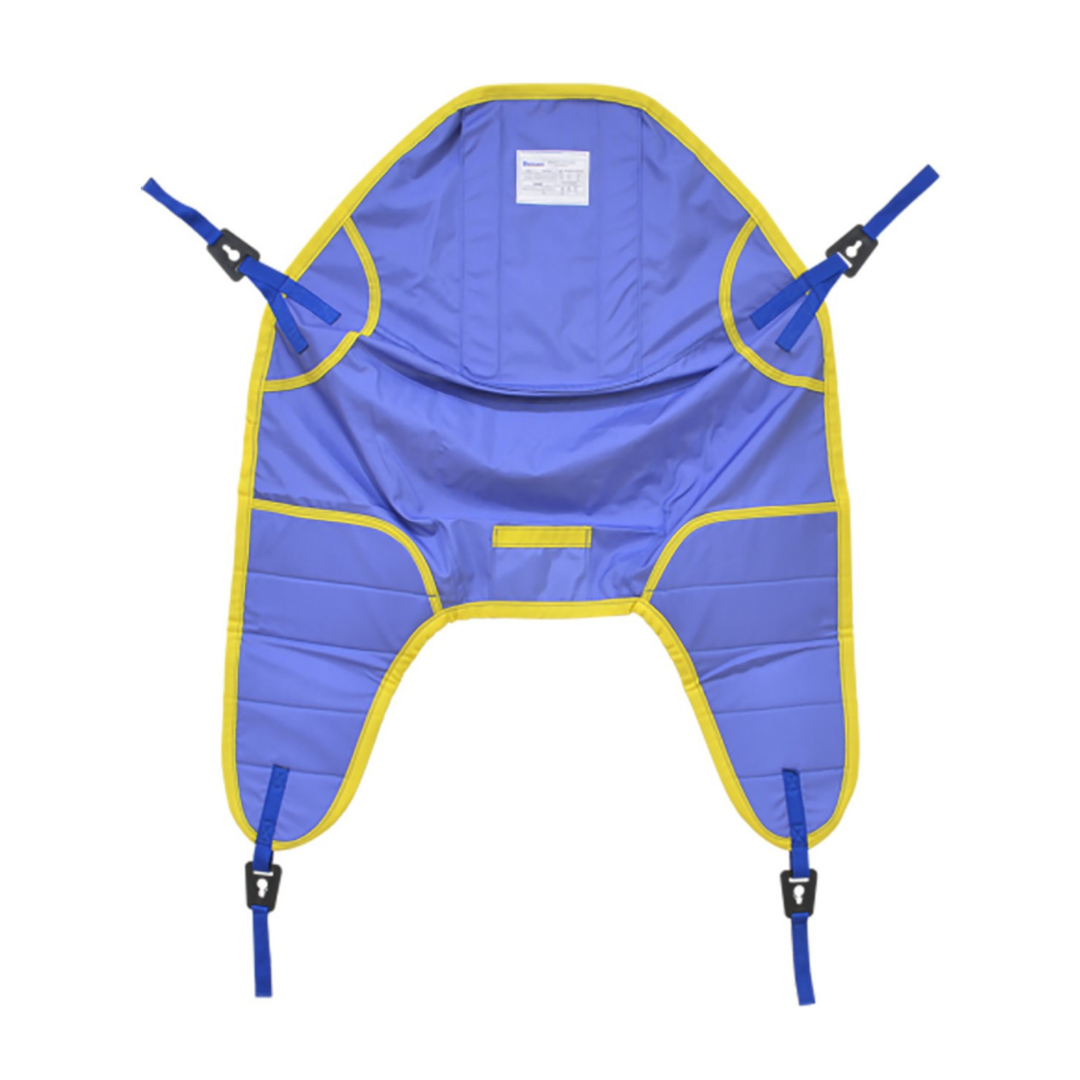 The Proactive Slings For Patient Lifts - All Styles is a blue and yellow fabric sling with four adjustable straps, shown flat on a white background. Compatible with most lifts, it ensures secure, comfortable patient transfers.
